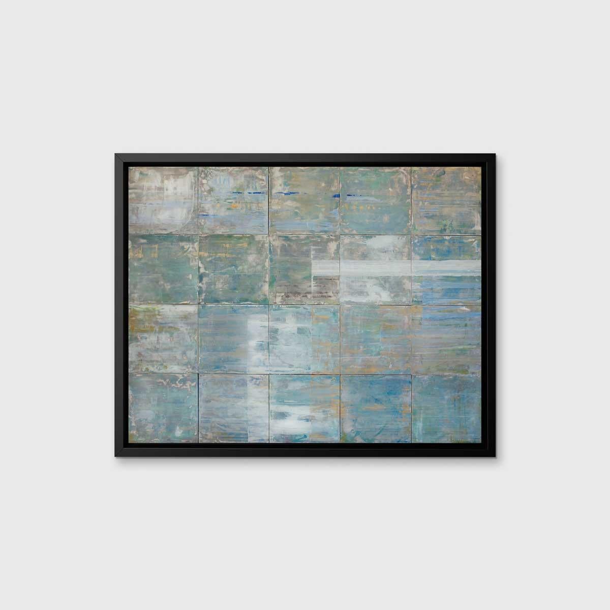 This abstract limited edition print by artist Ned Martin features his signature rectangular pattern in a cool palette. A warm under-layer is just visible, which lightly contrasts the blue and white tones which are layered over top. 

This Limited