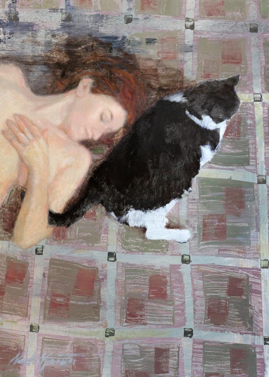 This abstracted portrait limited edition print by Ned Martin partially captures a nude female figure laying on the ground next to a black and white cat. The ground is abstracted in the artist's signature 