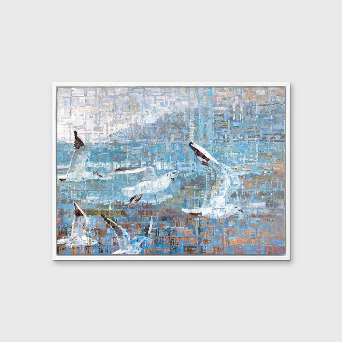 This abstract limited edition giclee print by Ned Martin features birds in flight. Five white birds with dark feathers on the tips of their wings fly in a formation through a primarily blue sky that is rendered in the artist's signature abstract