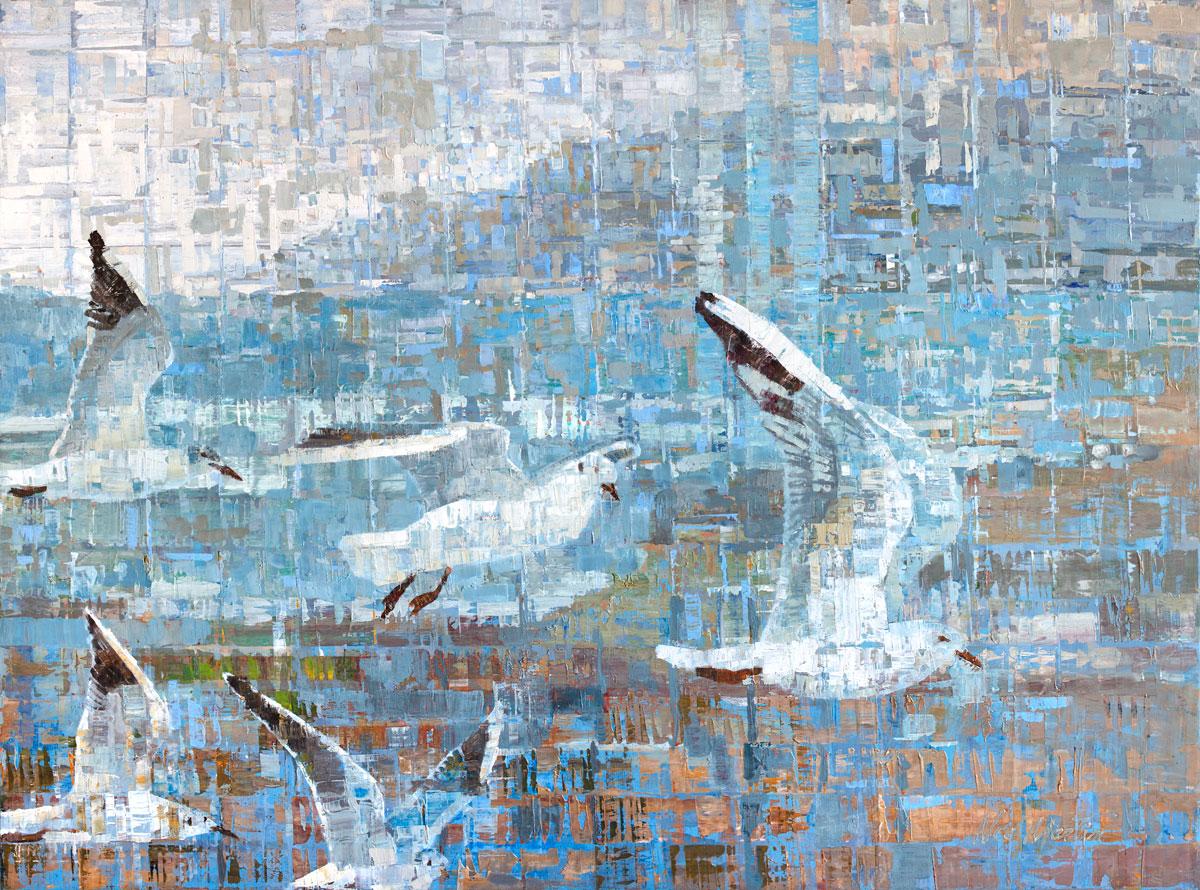 This abstract limited edition giclee print by Ned Martin features birds in flight. Five white birds with dark feathers on the tips of their wings fly in a formation through a primarily blue sky that is rendered in the artist's signature abstract