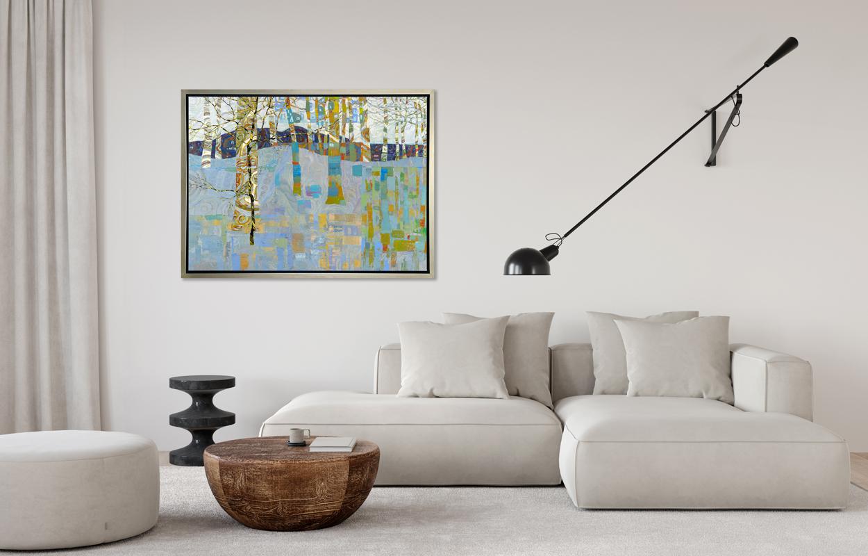 This abstract landscape limited edition print captures a forest in cool blue tones accented by warm yellow-greens and reds. It is an edition size of 100. Printed on canvas, this giclee print ships framed in a warm silver floater frame wired and