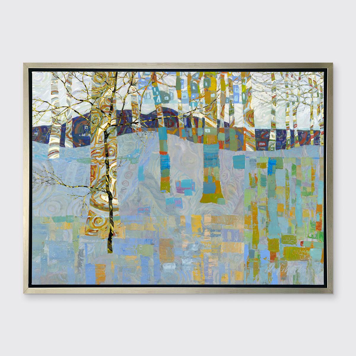 This abstract landscape limited edition print captures a forest in cool blue tones accented by warm yellow-greens and reds. It is an edition size of 100. Printed on canvas, this giclee print ships framed in a warm silver floater frame wired and