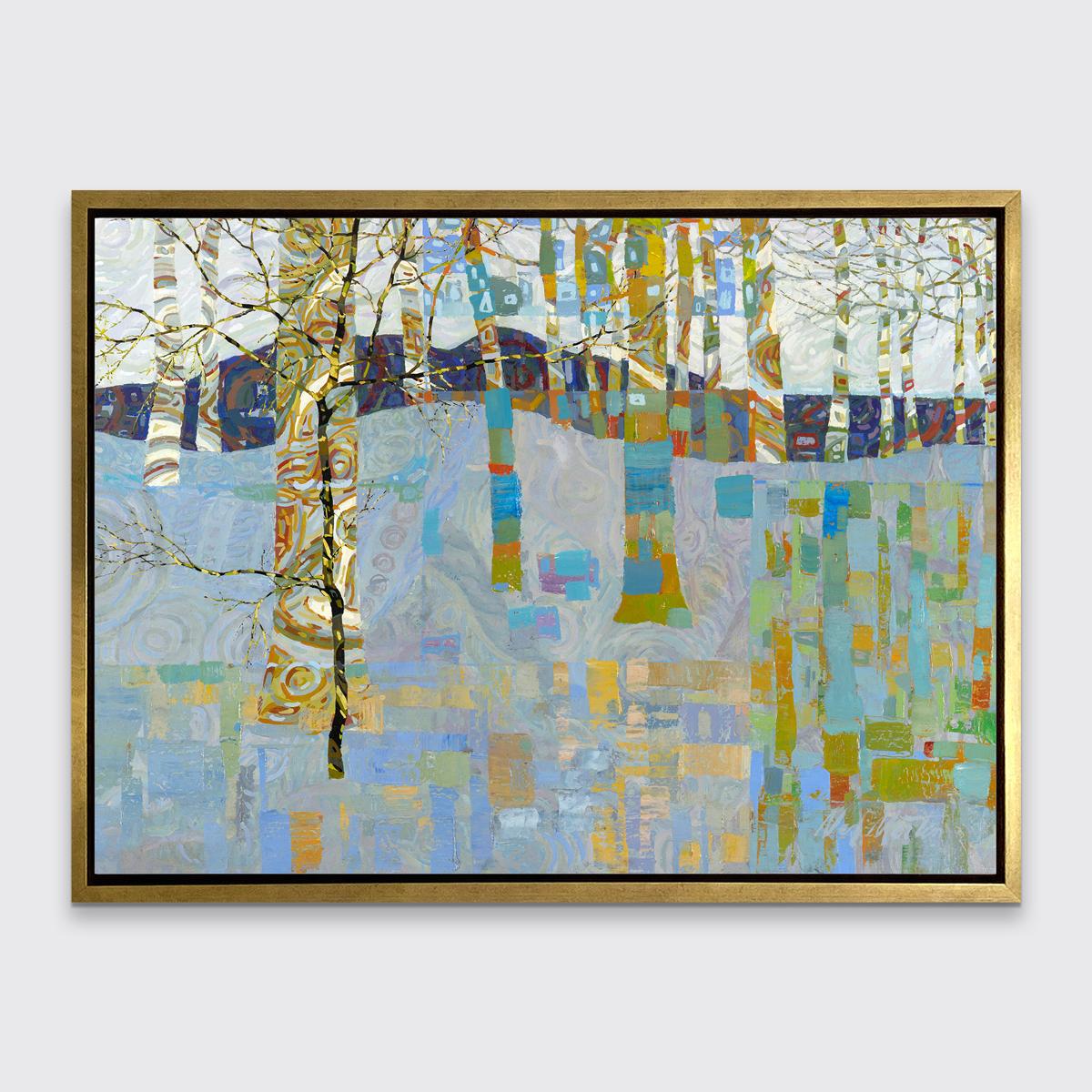 This abstract landscape limited edition print captures a forest in cool blue tones accented by warm yellow-greens and reds. It is an edition size of 100. Printed on canvas, this giclee print ships framed in a warm silver floater frame wired and