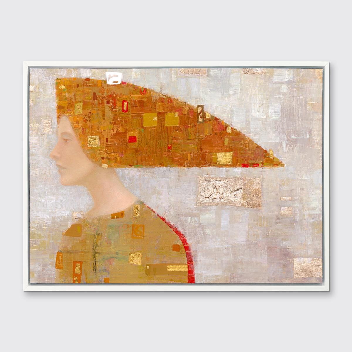 This abstract portrait limited edition print by Ned Martin blends the artist's signature abstract style with portraiture that is reminiscent of the Old Masters. The softly-executed face and neck of the woman in this painting is contrasted by