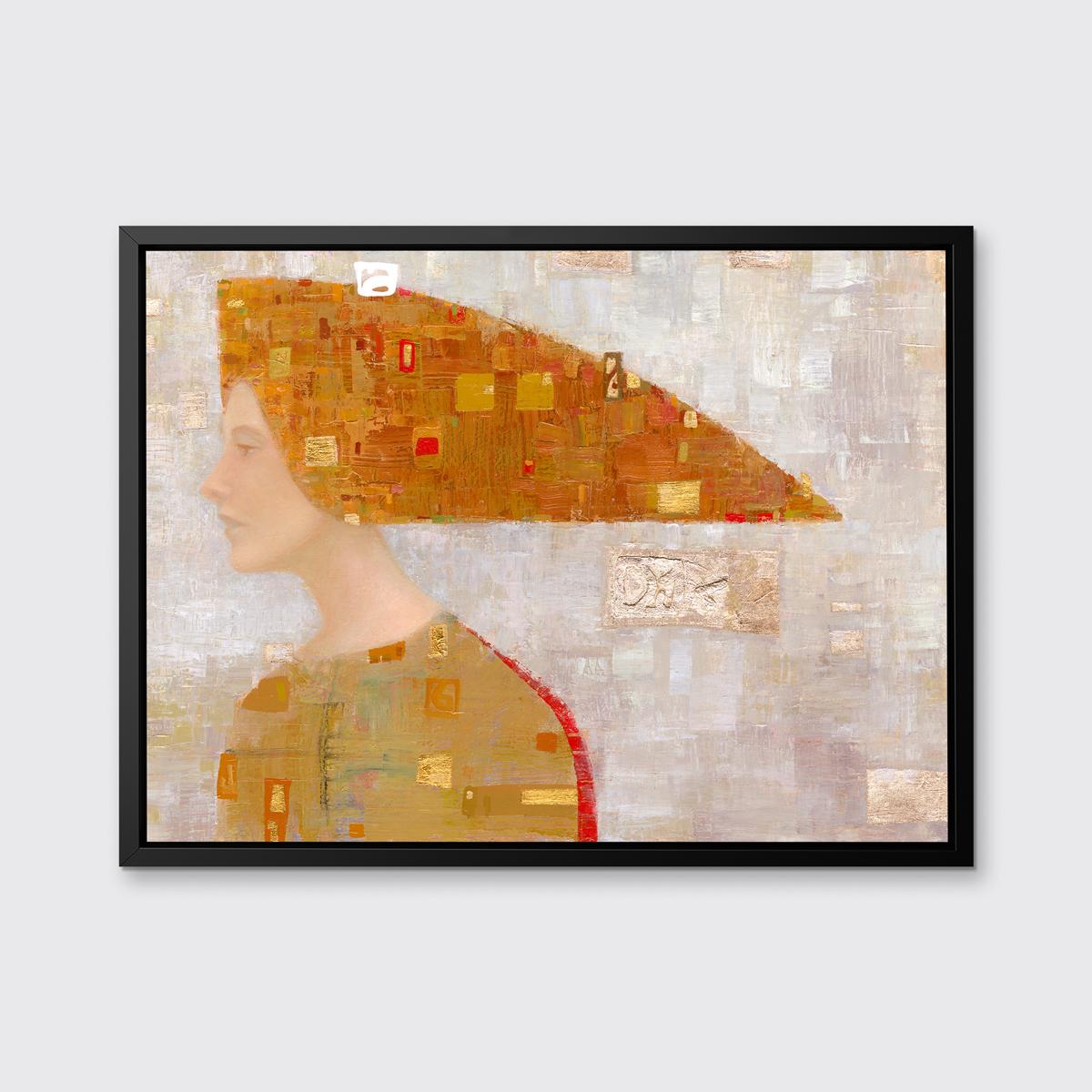 This abstract portrait limited edition print by Ned Martin blends the artist's signature abstract style with portraiture that is reminiscent of the Old Masters. The softly-executed face and neck of the woman in this painting is contrasted by