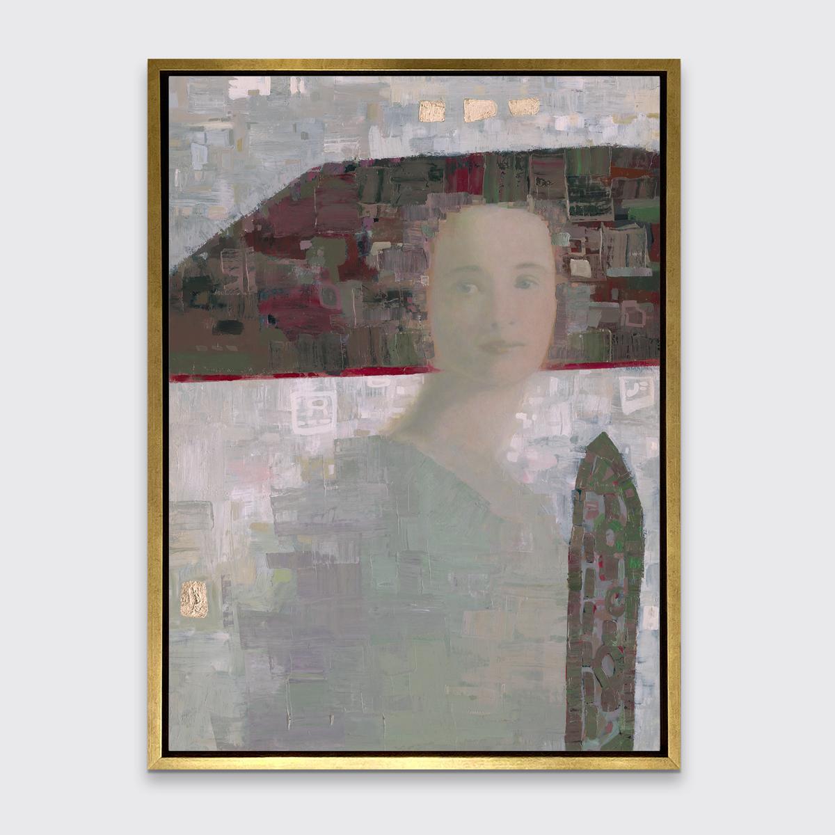 Ce portrait abstrait en édition limitée de Ned Martin mélange le style abstrait de l'artiste avec des portraits qui rappellent les maîtres anciens. Le visage et le cou réalistes de la femme de cette peinture sont contrastés par les formes texturées
