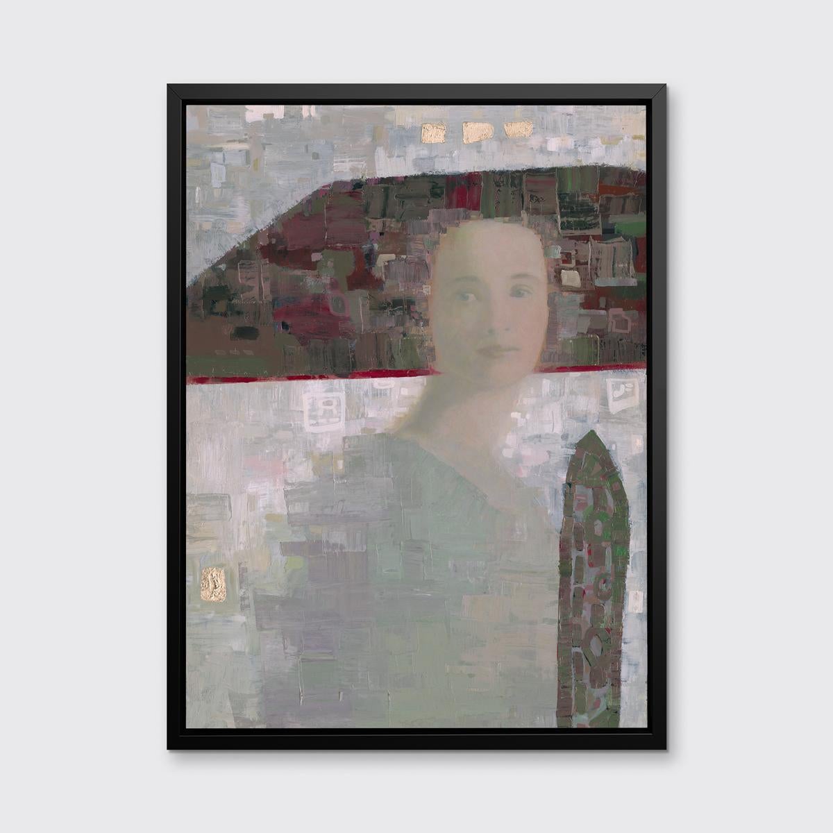 This abstract portrait limited edition print by Ned Martin blends the artist's signature abstract style with portraiture that is reminiscent of the Old Masters. The softly-executed realistic face and neck of the woman in this painting is contrasted