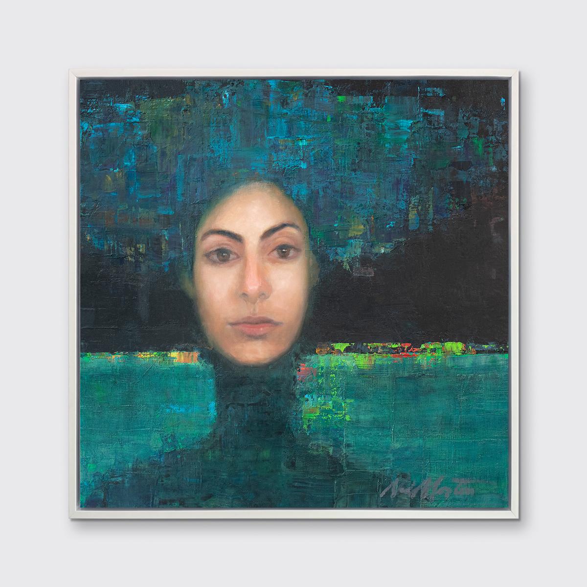 This abstract portrait Limited Edition print by Ned Martin blends realistic and abstracted styles. Part of his Spirits Through Time series of female portraits, the woman's face is rendered realistically, while her neck and shoulders, and blue hair