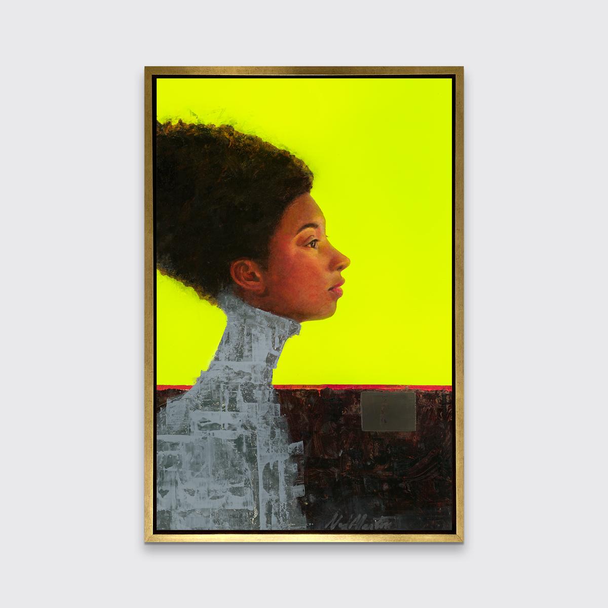 Dieser Druck in limitierter Auflage von Ned Martin ist ein zeitgenössisches abstraktes Porträt. Als Teil seiner Spirits Through Time-Serie zeigt es eine Frau im Profil - ihr Gesicht und ihr Haar sind realistisch dargestellt, während Hals und