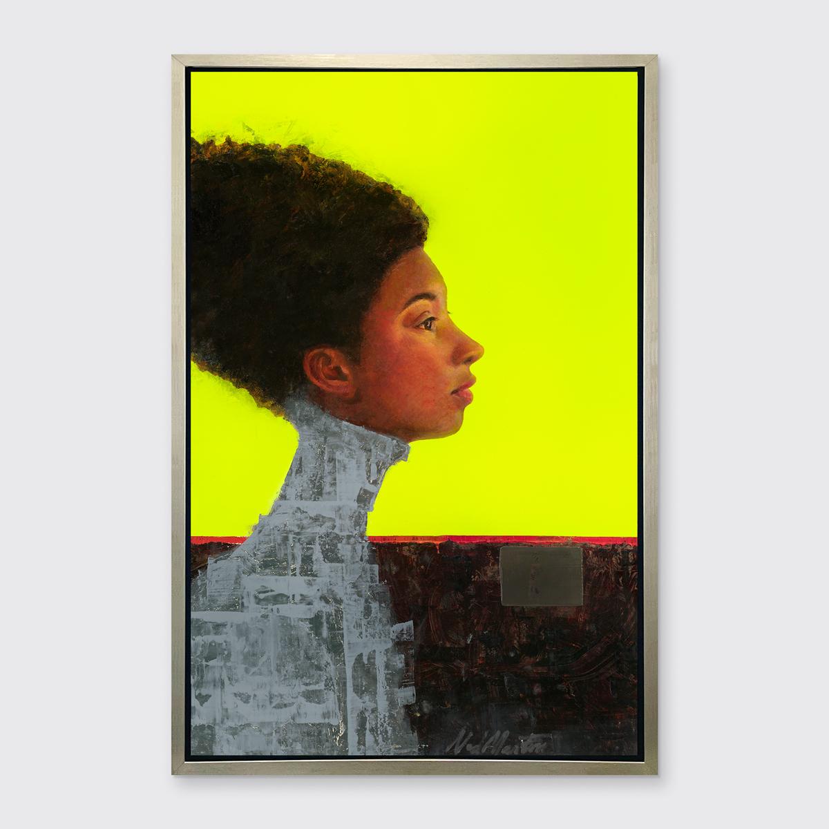 This limited edition print by Ned Martin is a contemporary abstract portrait. Part of his Spirits Through Time series, it features a woman in profile - her face and hair are rendered realistically while her neck and shoulders, and the background of