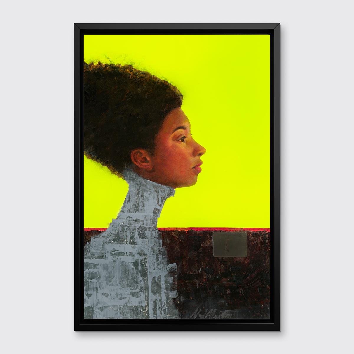 This limited edition print by Ned Martin is a contemporary abstract portrait. Part of his Spirits Through Time series, it features a woman in profile - her face and hair are rendered realistically while her neck and shoulders, and the background of