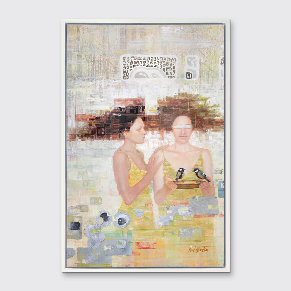 This abstract figural limited edition print by Ned Martin features a warm palette. Two women stand together, one with her eyes covered by a white cloth and holding a small gold plate on which two birds stand, the second standing in profile, with her