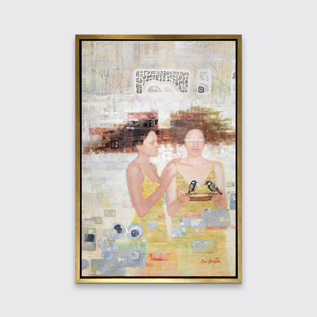 This abstract figural limited edition print by Ned Martin features a warm palette. Two women stand together, one with her eyes covered by a white cloth and holding a small gold plate on which two birds stand, the second standing in profile, with her
