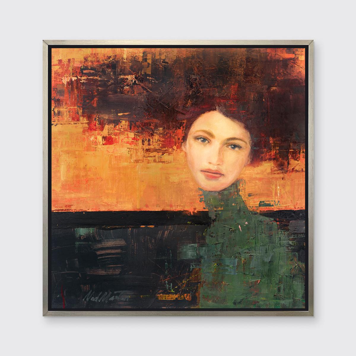 This abstract portrait limited edition print by Ned Martin is part of the artist's Spirits Through Time series. It features a woman's face rendered realistically, with her neck and shoulders and hair abstracted. Her hair fades out to become