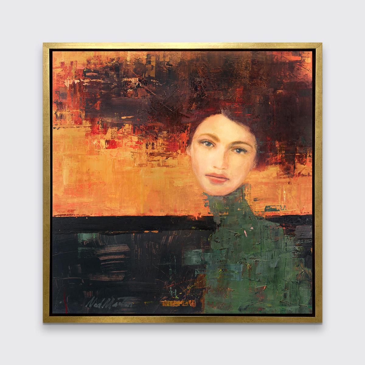This abstract portrait limited edition print by Ned Martin is part of the artist's Spirits Through Time series. It features a woman's face rendered realistically, with her neck and shoulders and hair abstracted. Her hair fades out to become