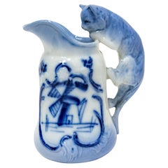 Antique Nederland Faience Miniature Milk Jug to the Cat Delft, Late 19th Century