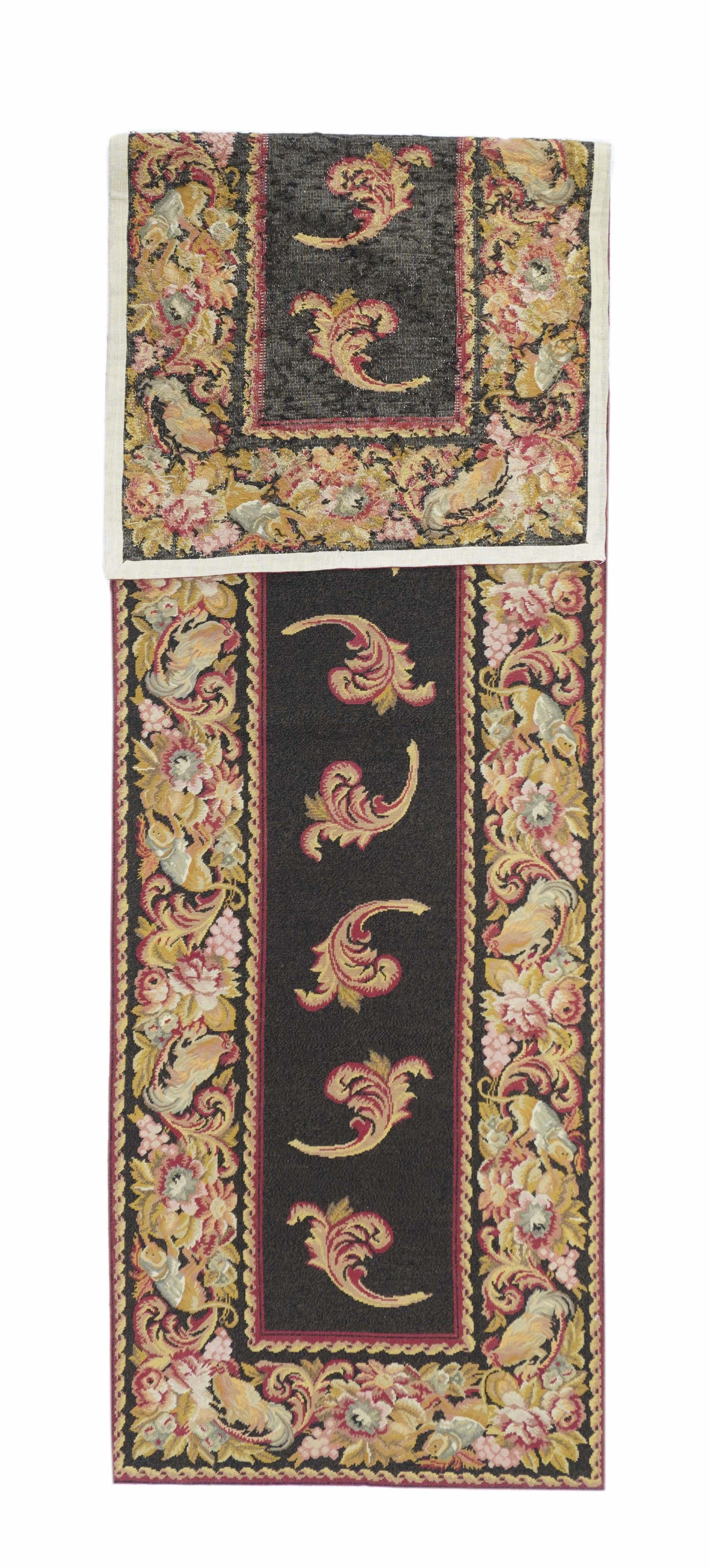 Needle Point Runner 2'8'' x 9'11''. Usually English or French, often with repeating allover designs executed with wool cross-stitches. Larger carpets are workshop productions, smaller pieces have a single artisan author. Flatweave texture, without