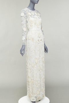 NEEDLE & THREAD Bridal white silver beads embellish chiffon overlay gown UK6 XS