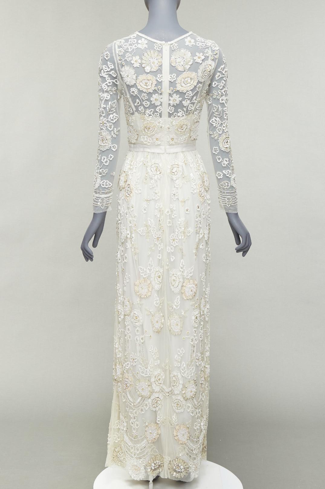 Women's NEEDLE & THREAD Bridal white silver beads embellish chiffon overlay gown UK6 XS