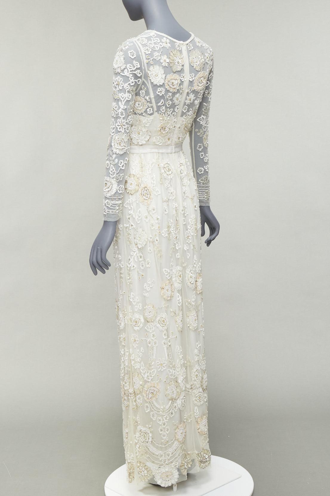 NEEDLE & THREAD Bridal white silver beads embellish chiffon overlay gown UK6 XS 1