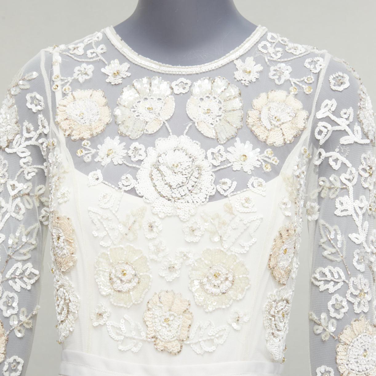 NEEDLE & THREAD Bridal white silver beads embellish chiffon overlay gown UK6 XS 2