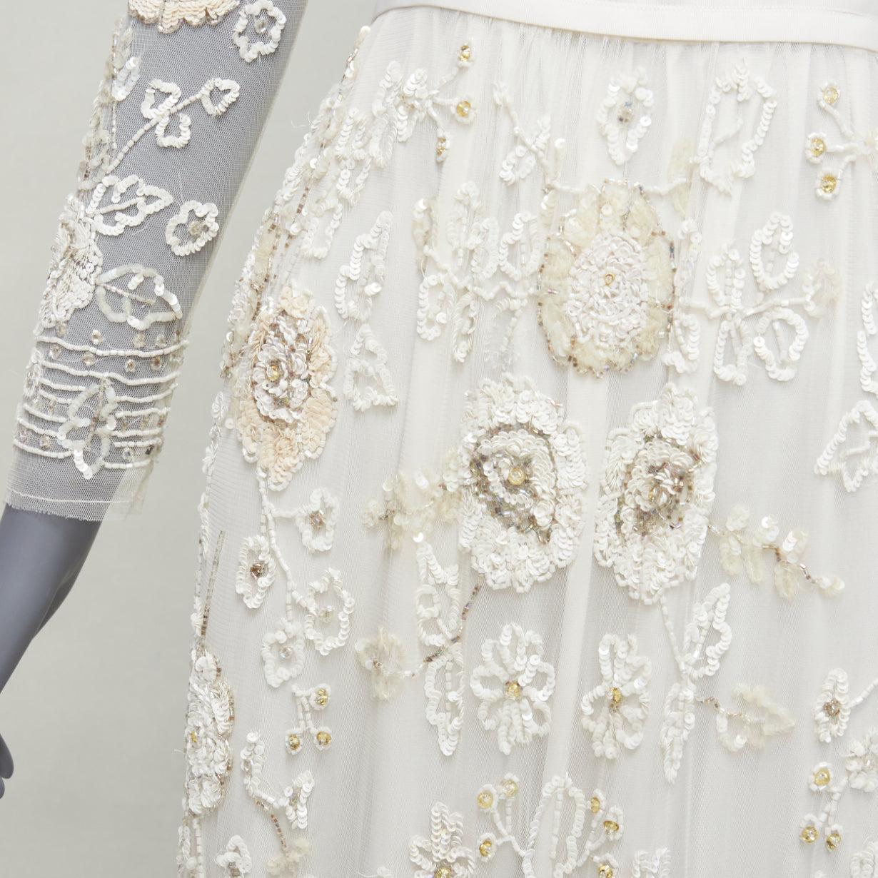 NEEDLE & THREAD Bridal white silver beads embellish chiffon overlay gown UK6 XS 3