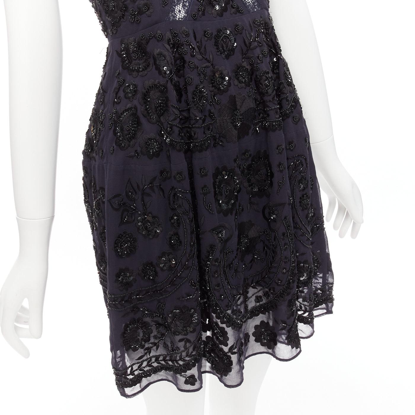 NEEDLE & THREAD navy black floral embellished mini dress UK4 XXS 2