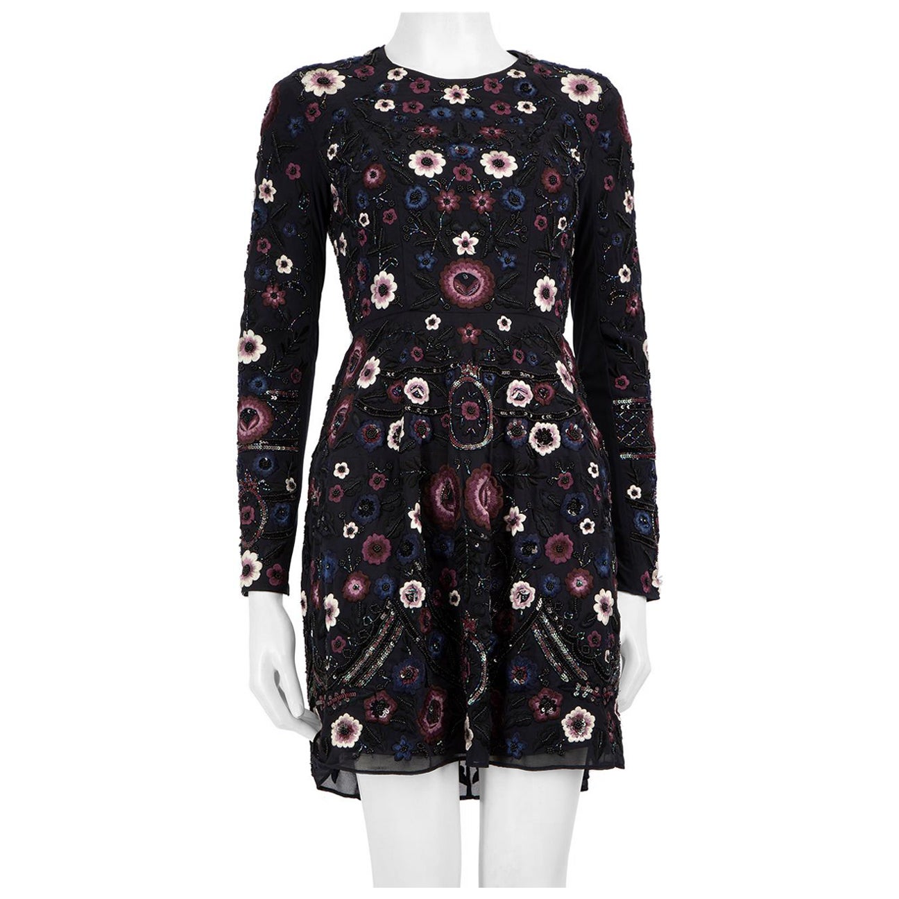 Robe brodée de fleurs bleu marine à l'aiguille et fil, taille S