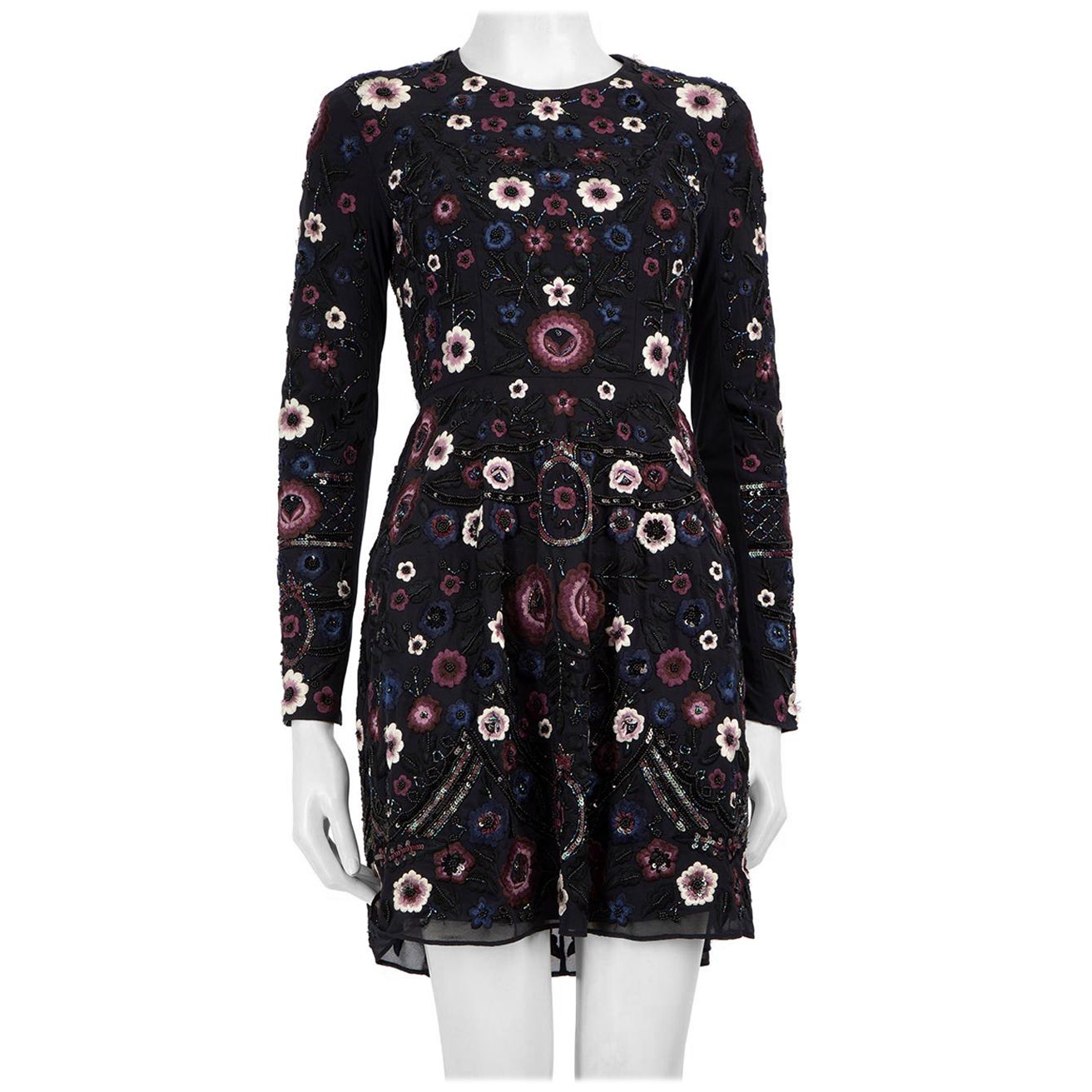 Robe brodée de fleurs bleu marine à l'aiguille et fil, taille S en vente