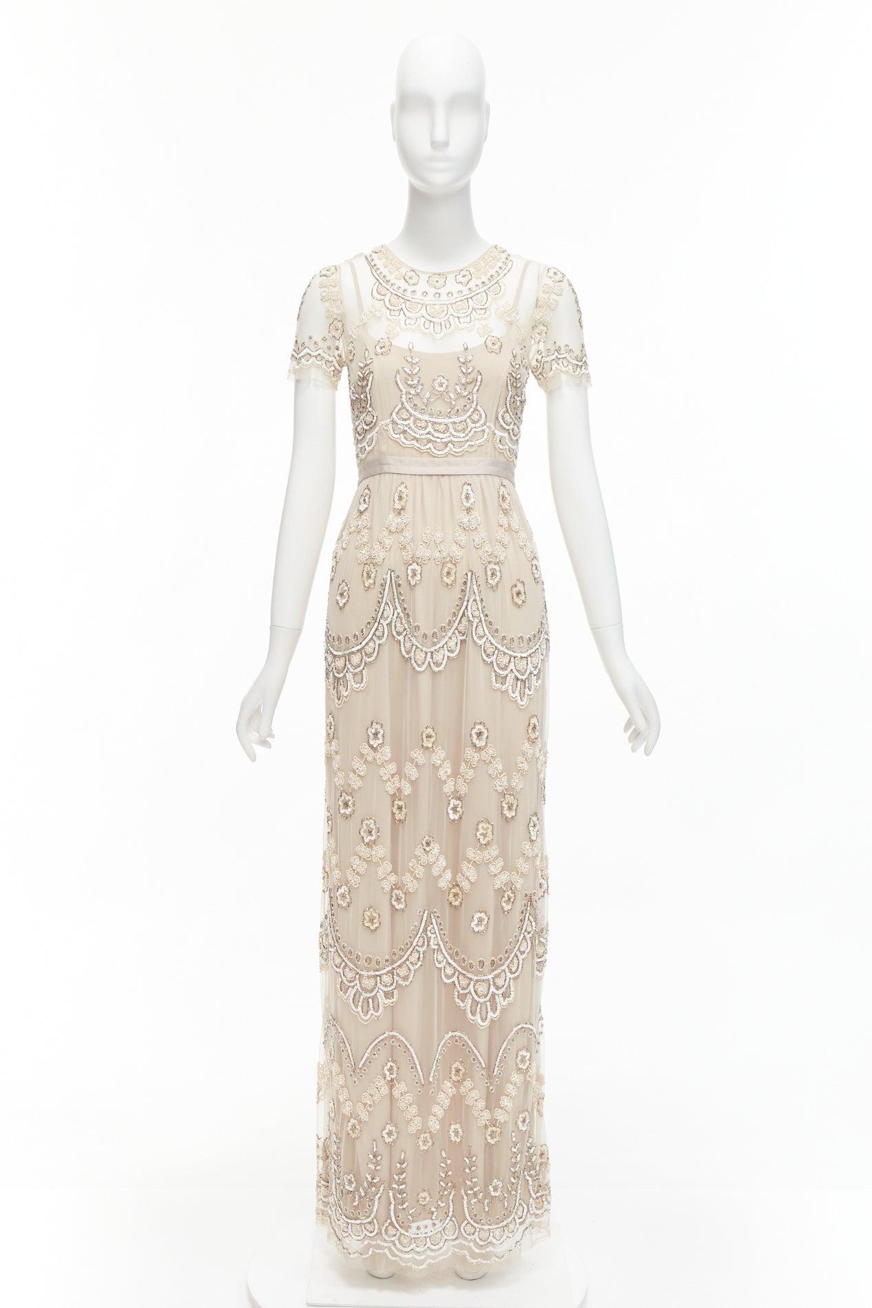 NEEDLE & THREAD nude sequins beads embellished overlay long gown UK6 XS For Sale 5