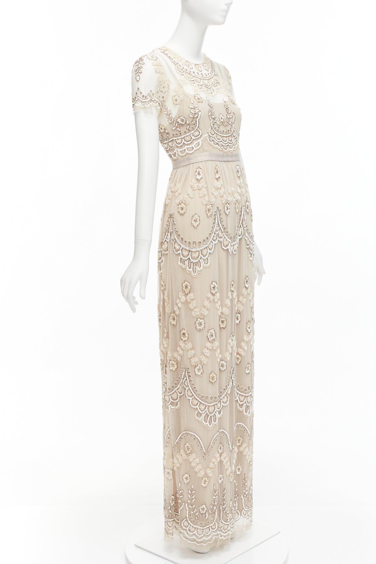 Beige NEEDLE & THREAD nude sequins beads embellished overlay long gown UK6 XS For Sale
