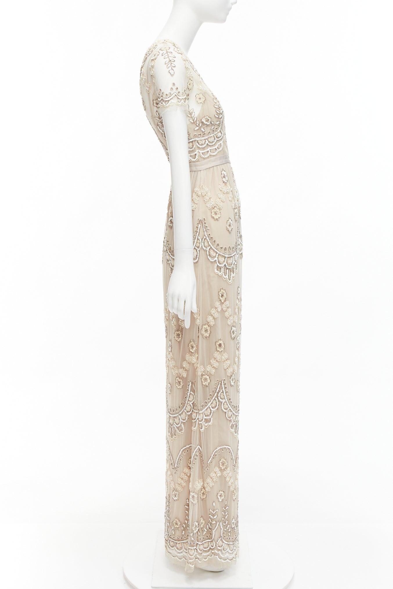 NEEDLE & THREAD nude sequins beads embellished overlay long gown UK6 XS In Good Condition For Sale In Hong Kong, NT