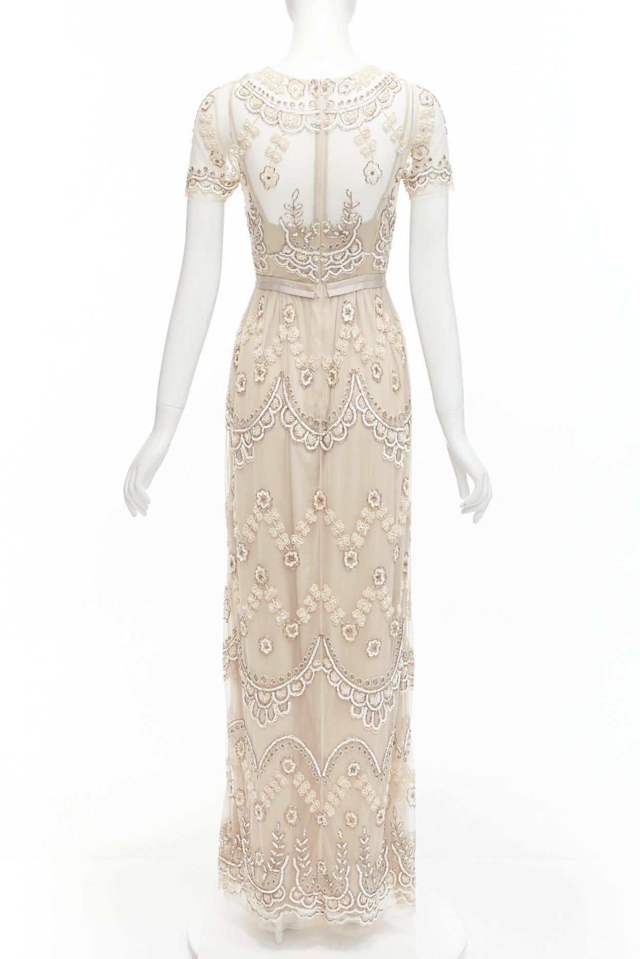 Women's NEEDLE & THREAD nude sequins beads embellished overlay long gown UK6 XS For Sale