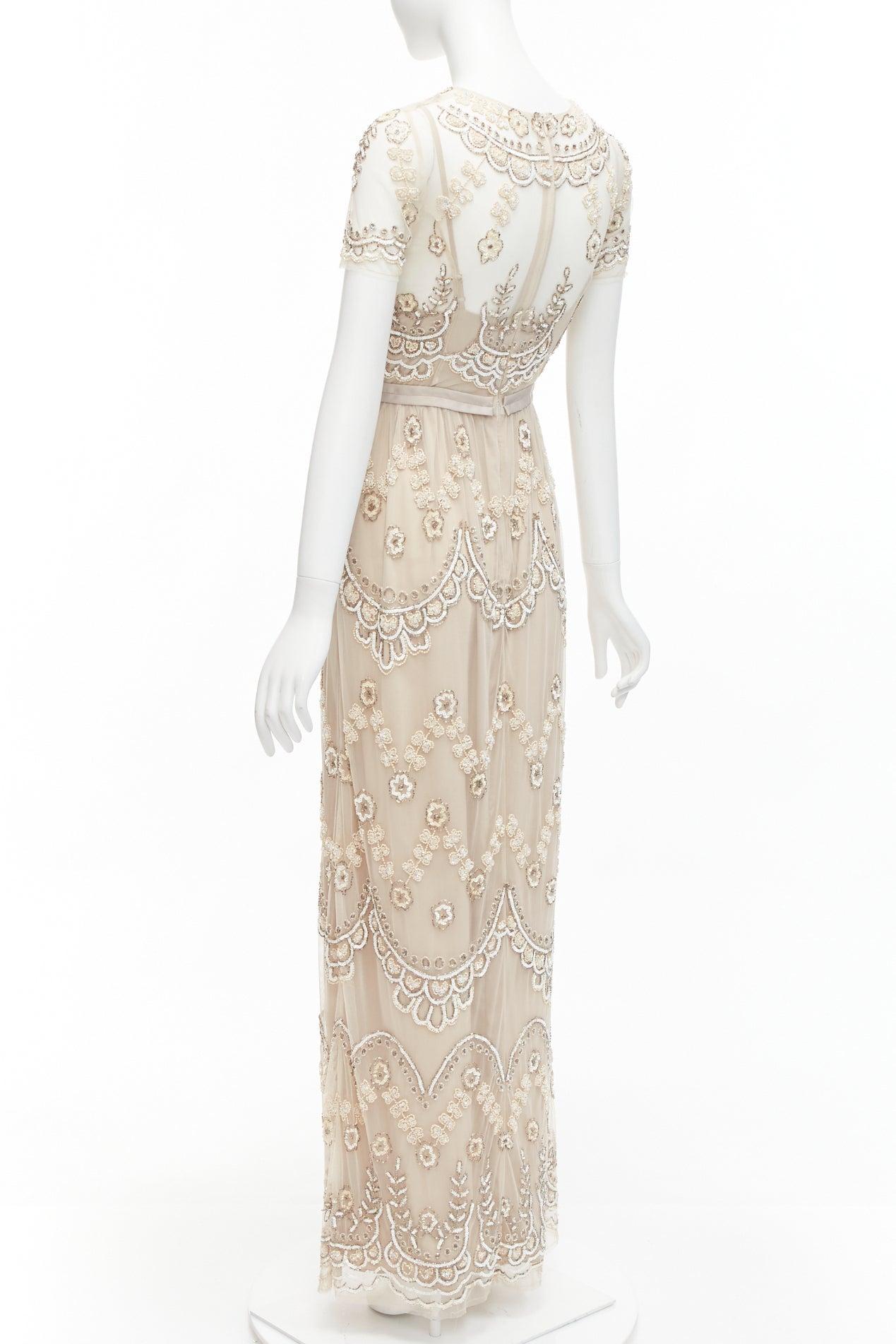 NEEDLE & THREAD nude sequins beads embellished overlay long gown UK6 XS For Sale 1