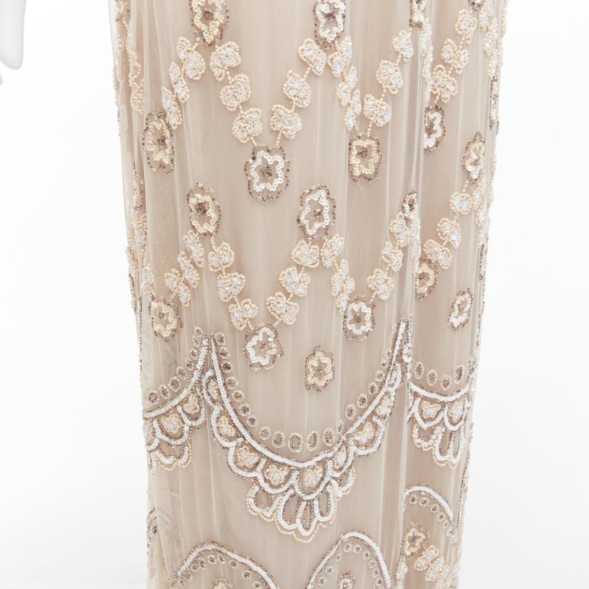 NEEDLE & THREAD nude sequins beads embellished overlay long gown UK6 XS For Sale 2