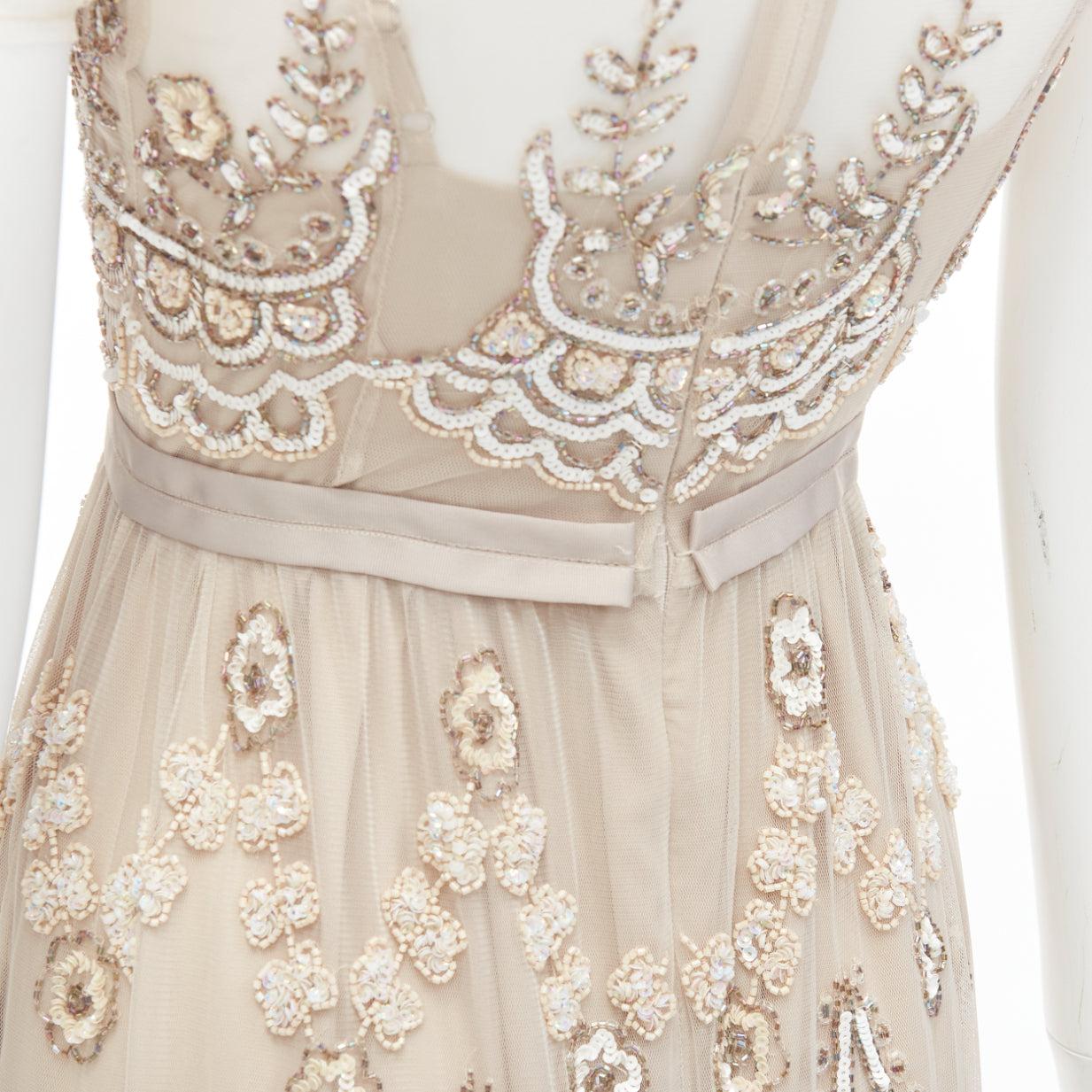 NEEDLE & THREAD nude sequins beads embellished overlay long gown UK6 XS For Sale 3