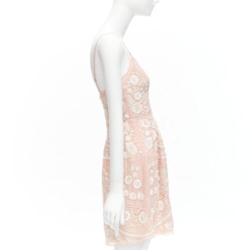NEEDLE & THREAD pink cream beaded embroidery embellished chiffon dress UK4 XXS In Good Condition For Sale In Hong Kong, NT
