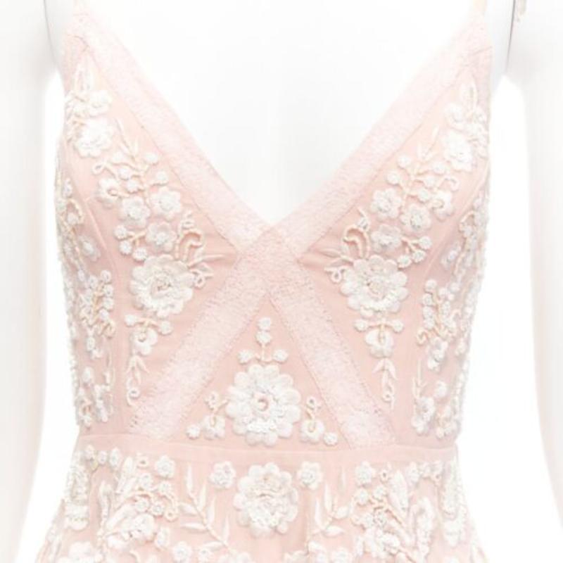 NEEDLE & THREAD pink cream beaded embroidery embellished chiffon dress UK4 XXS For Sale 2