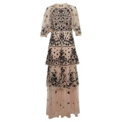 Needle & Thread Pink Floral Embroidered Tulle Cape Sleeve Gown L