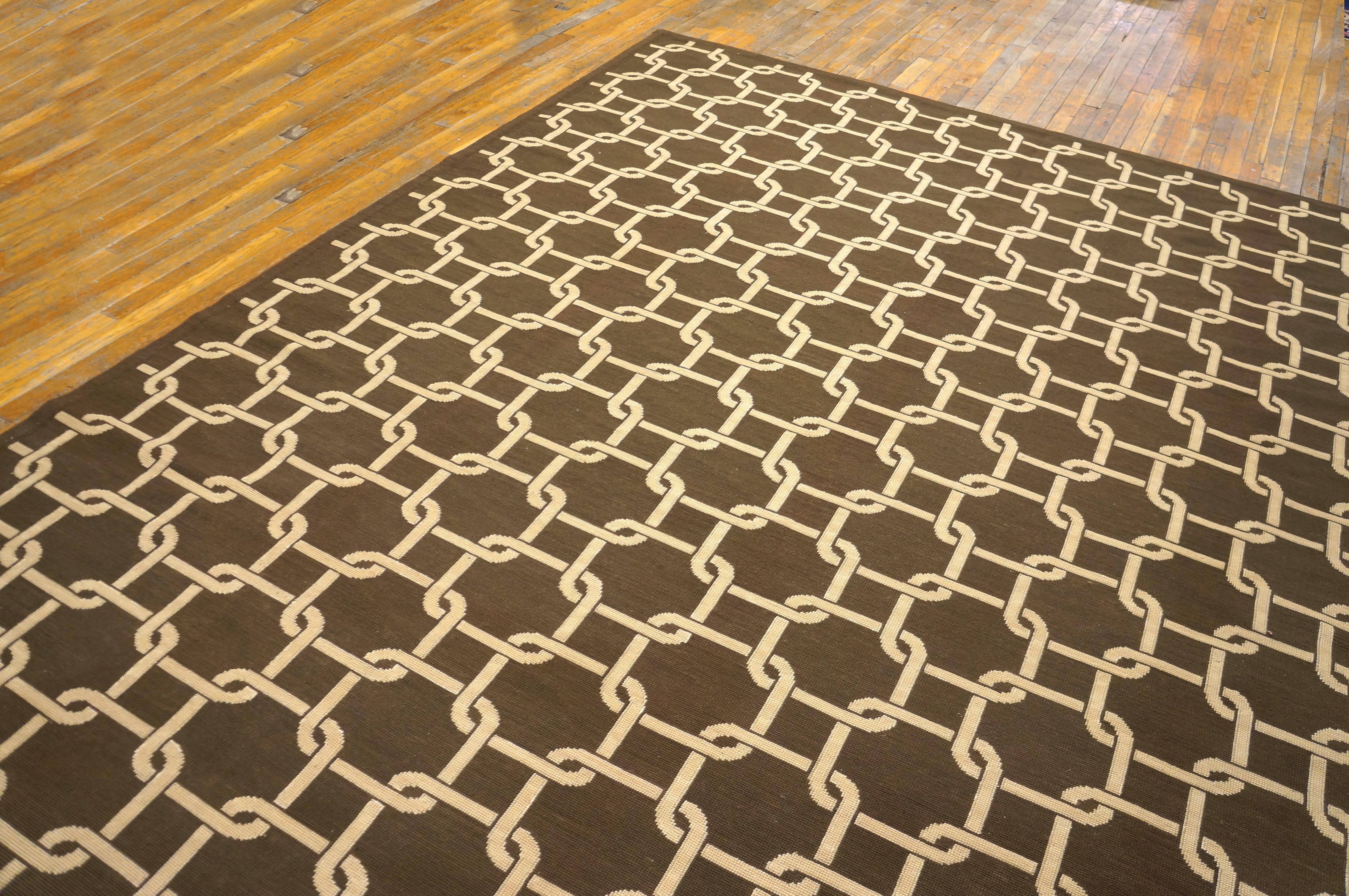 Contemporary Handwoven Wool Needlepoint Flat Weave Carpet With Silk Highlight For Sale 1