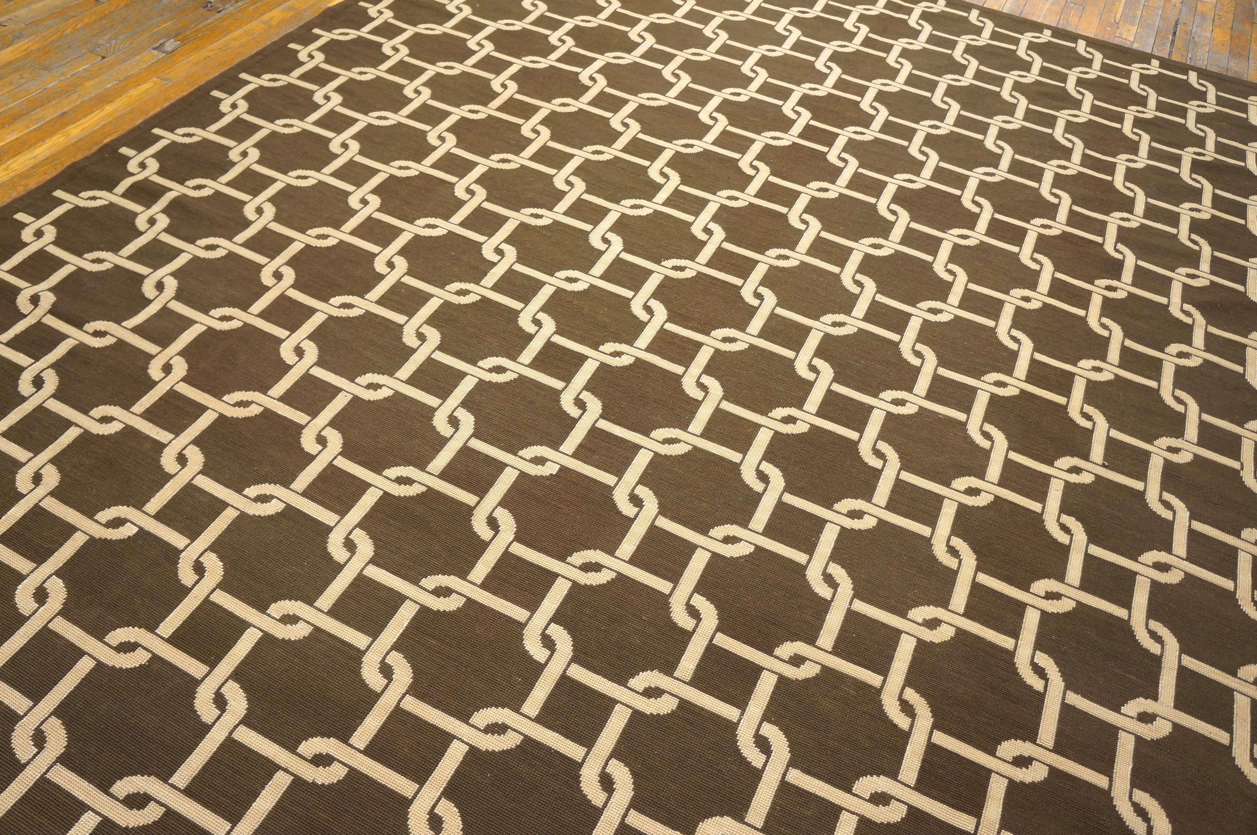 Contemporary Handwoven Wool Needlepoint Flat Weave Carpet With Silk Highlight For Sale 2