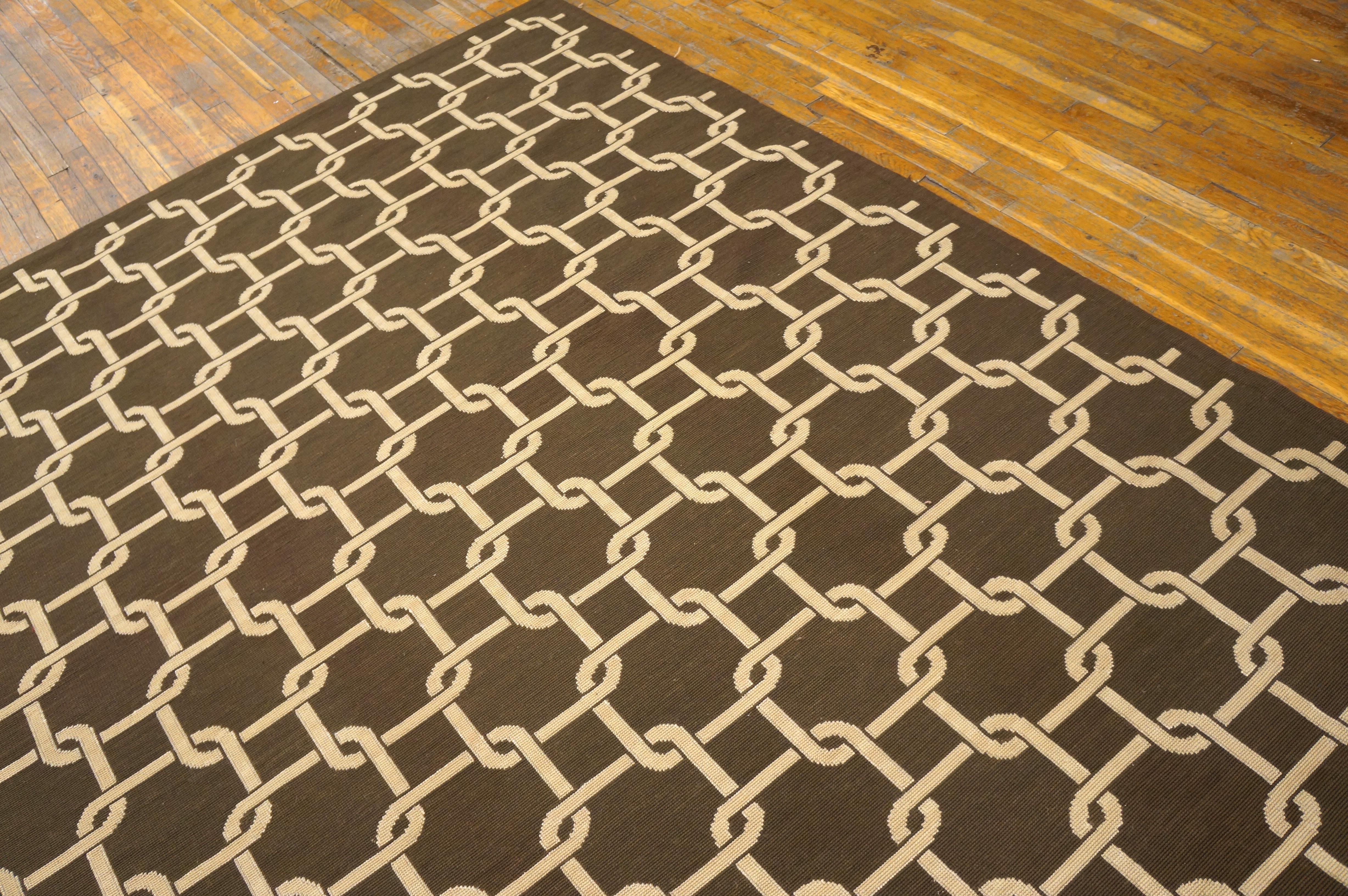 Contemporary Handwoven Wool Needlepoint Flat Weave Carpet With Silk Highlight For Sale 3