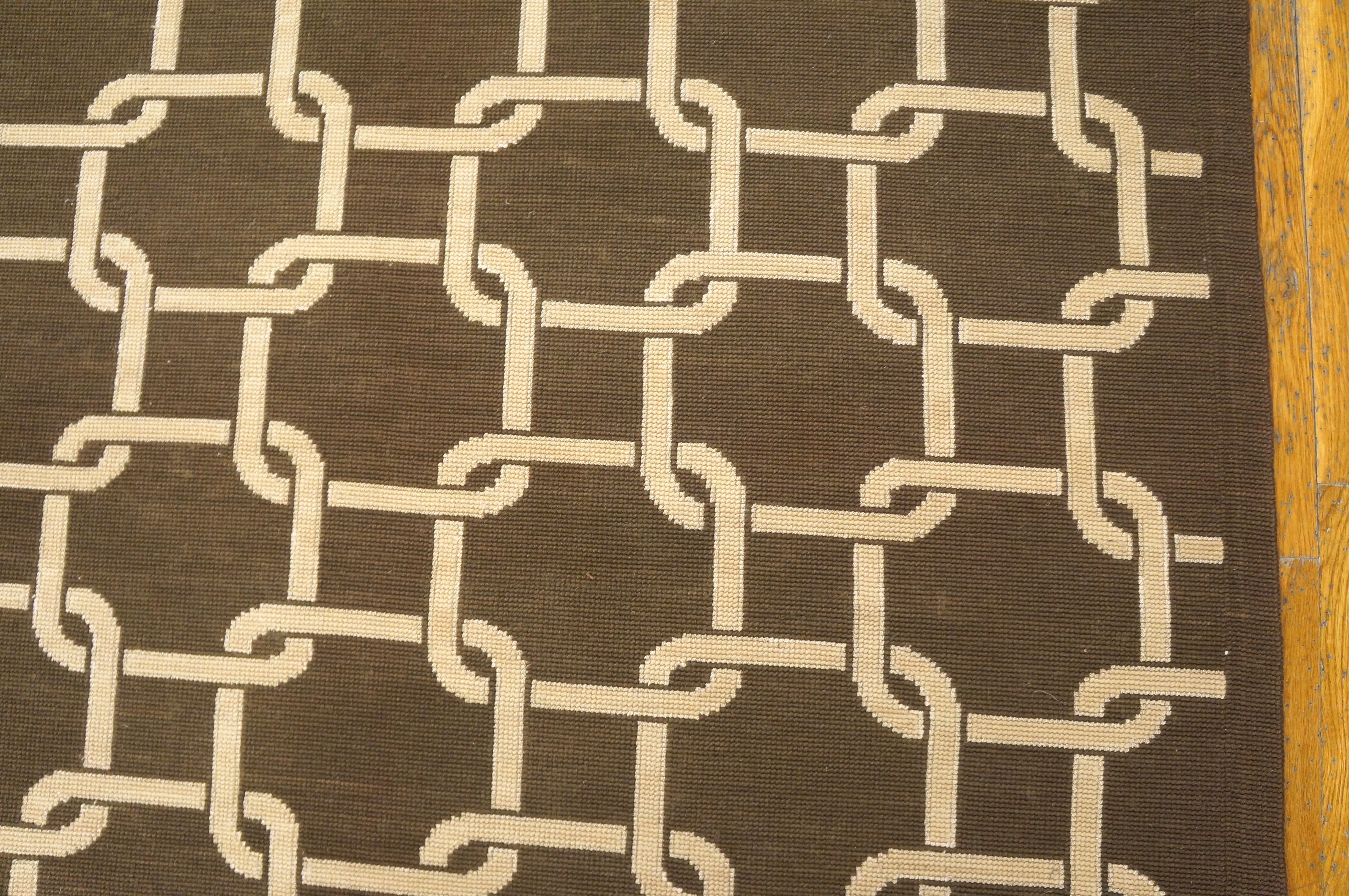 Contemporary Handwoven Wool Needlepoint Flat Weave Carpet With Silk Highlight For Sale 5