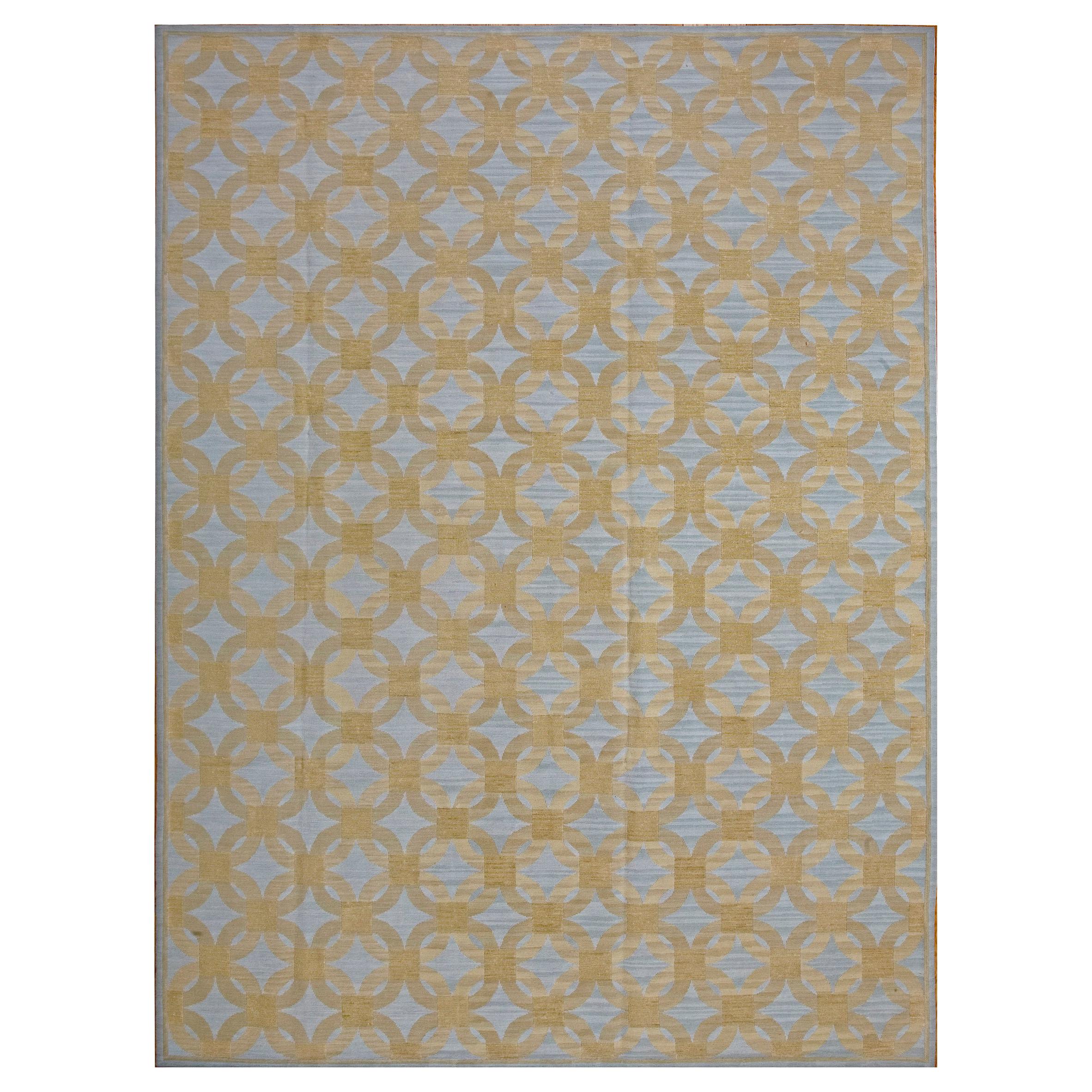 Contemporaneity Handwoven Wool Needlepoint Flat Weave Carpet With Silk Highlight For Sale