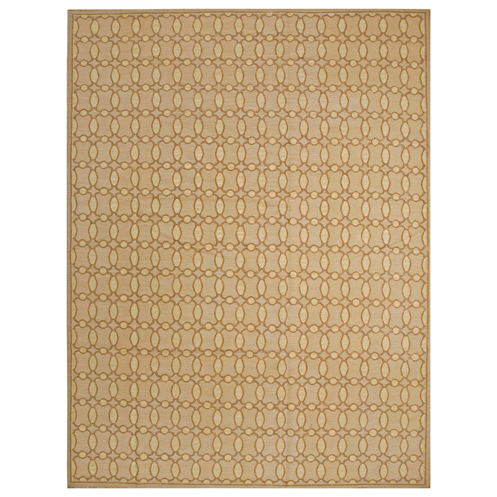 Contemporary Handwoven Wool Needlepoint Flat Weave Carpet With Silk Highlight For Sale