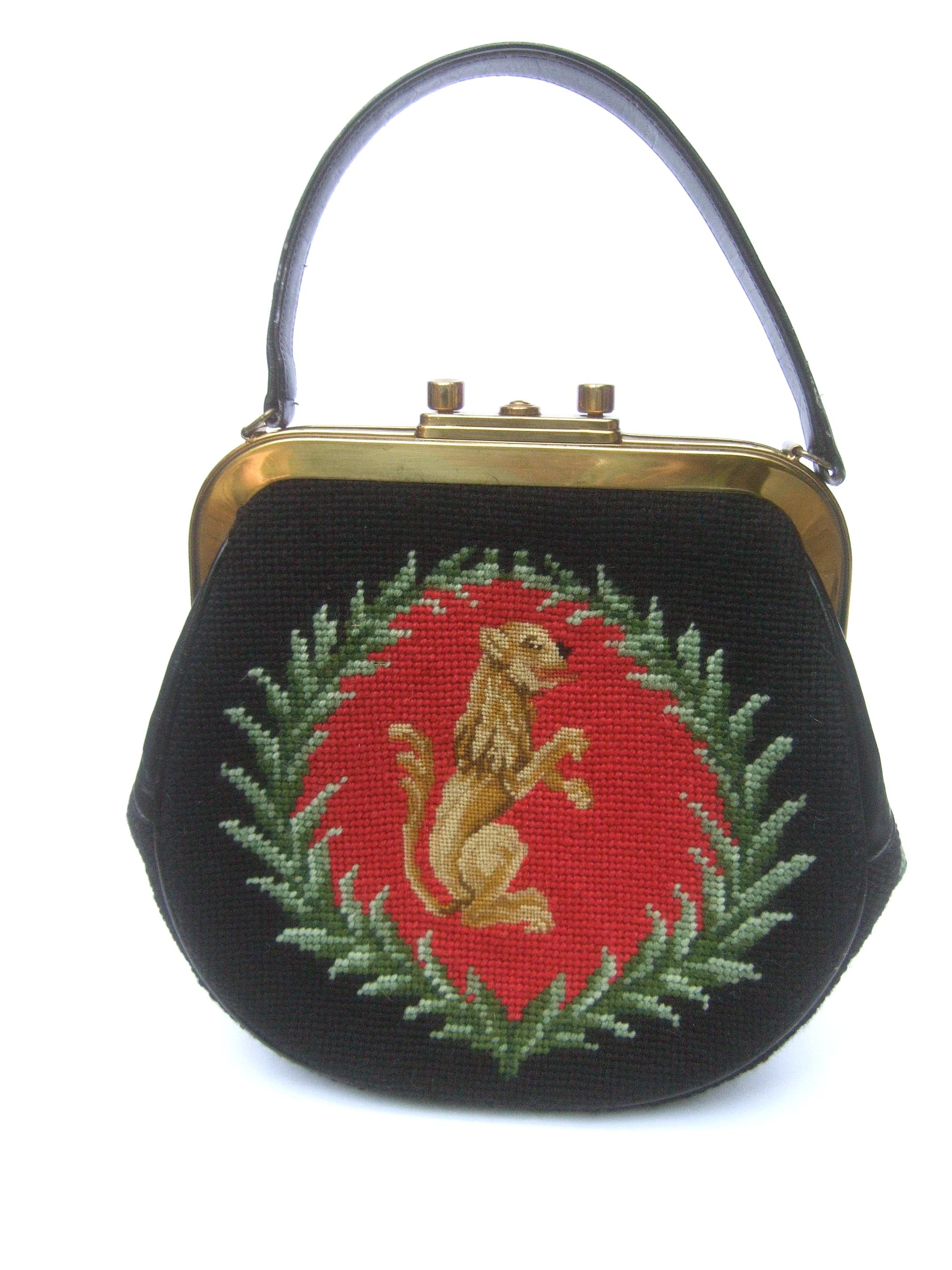 Black Needlepoint Artisan Griffin & Laurels Hand Stitched Handbag c 1970 For Sale