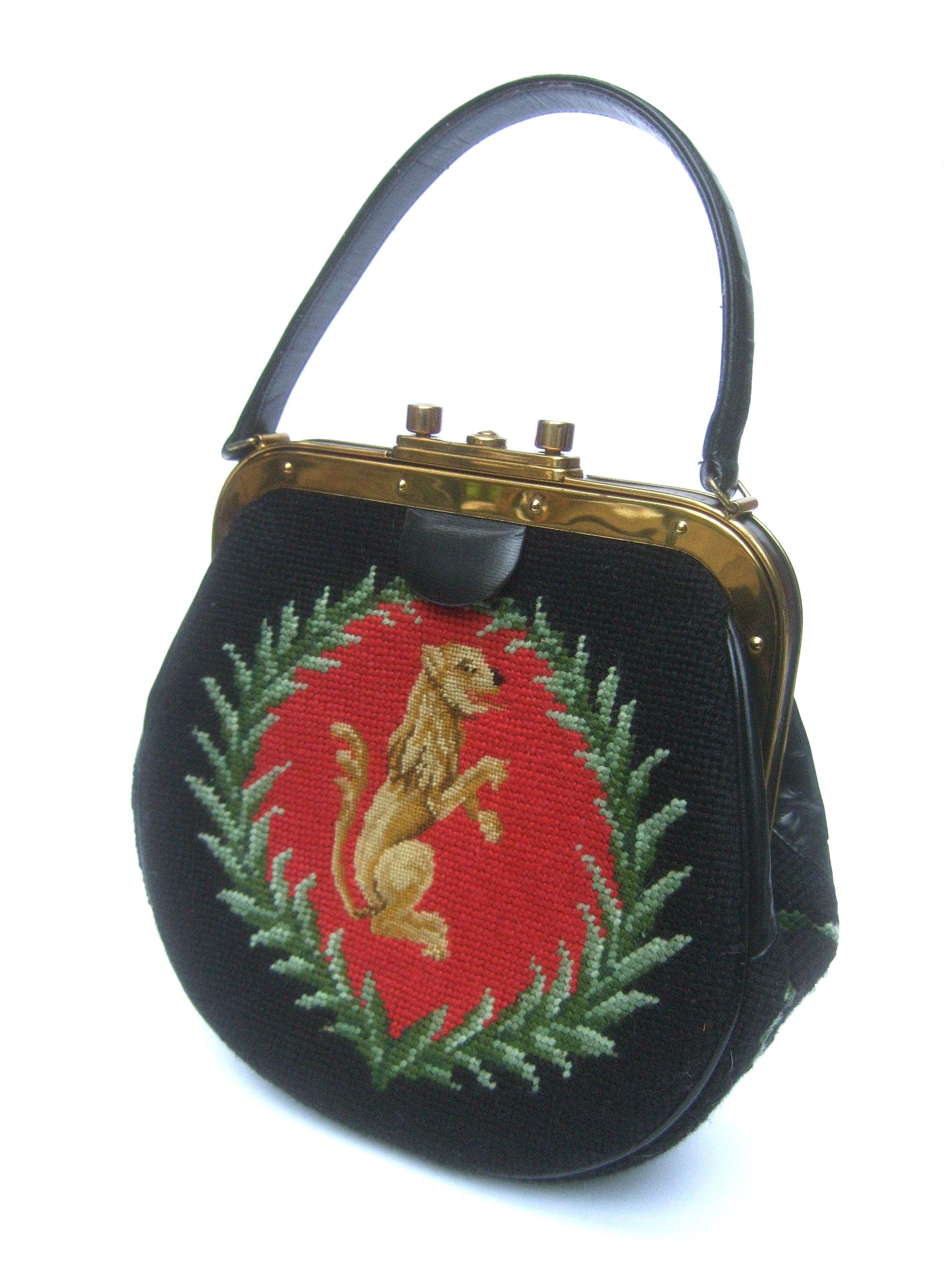 Needlepoint Artisan Griffin & Laurels Hand Stitched Handbag c 1970 In Good Condition For Sale In University City, MO