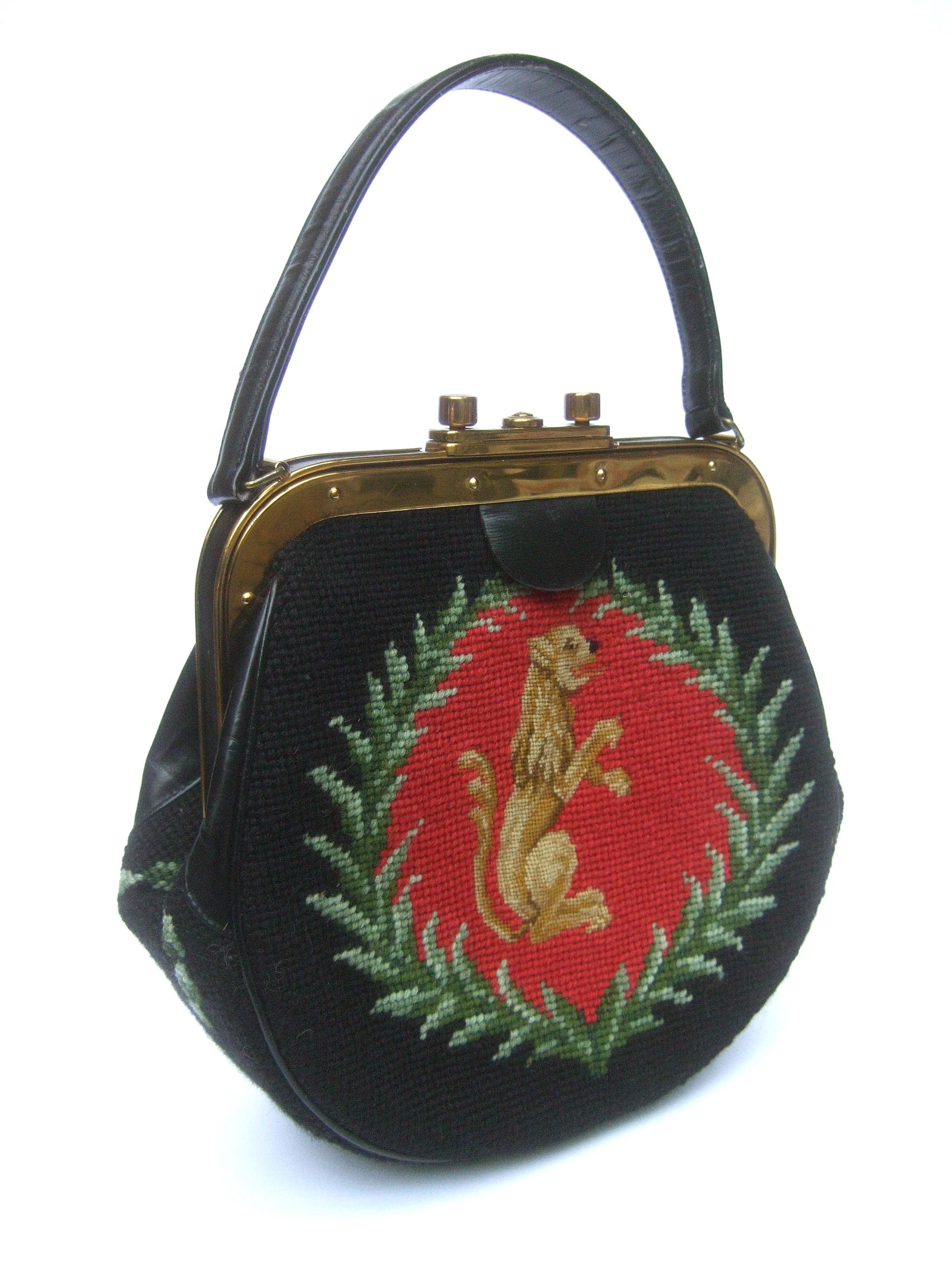 Needlepoint Artisan Griffin & Laurels Hand Stitched Handbag c 1970 For Sale 2
