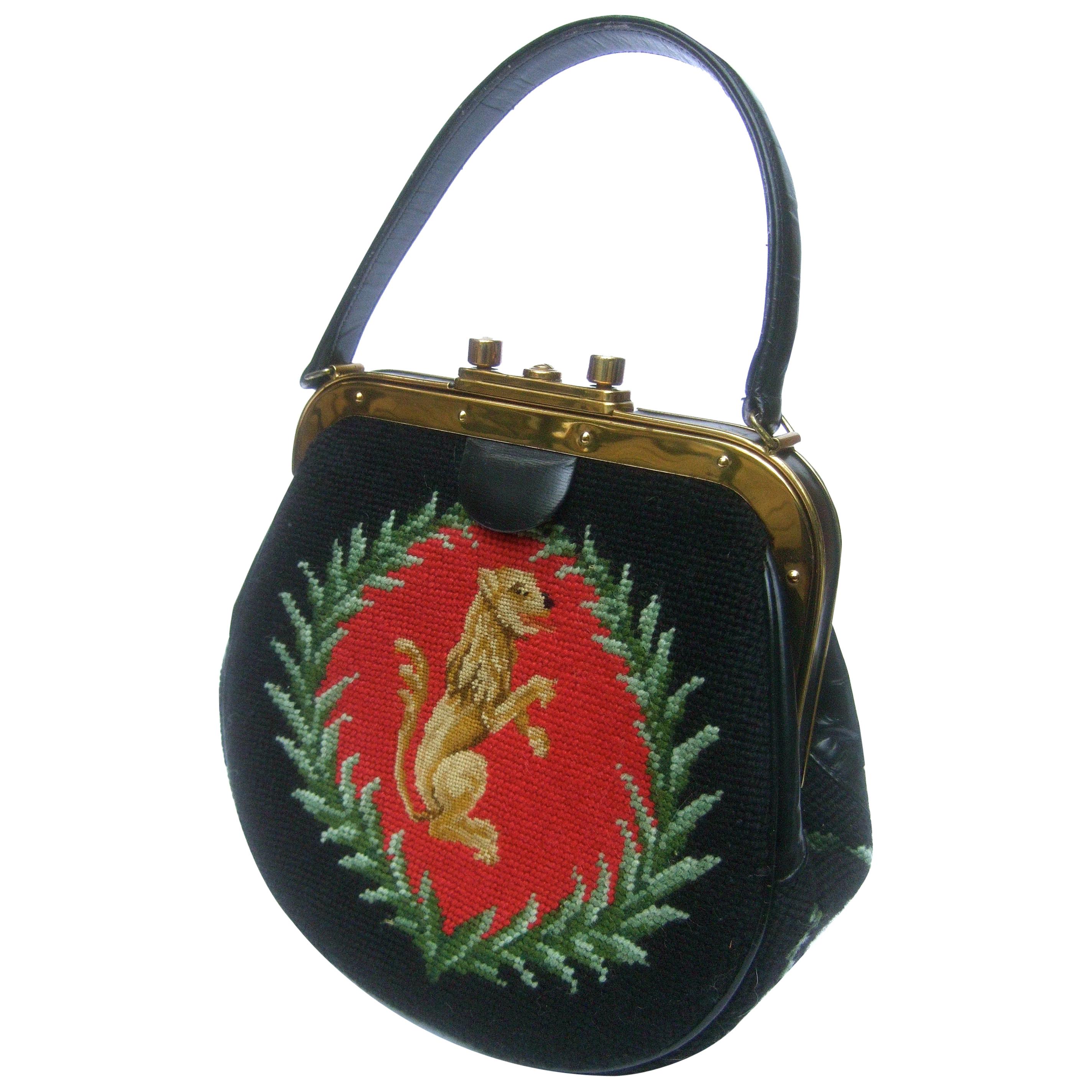 Needlepoint Artisan Griffin & Laurels Hand Stitched Handbag c 1970 For Sale