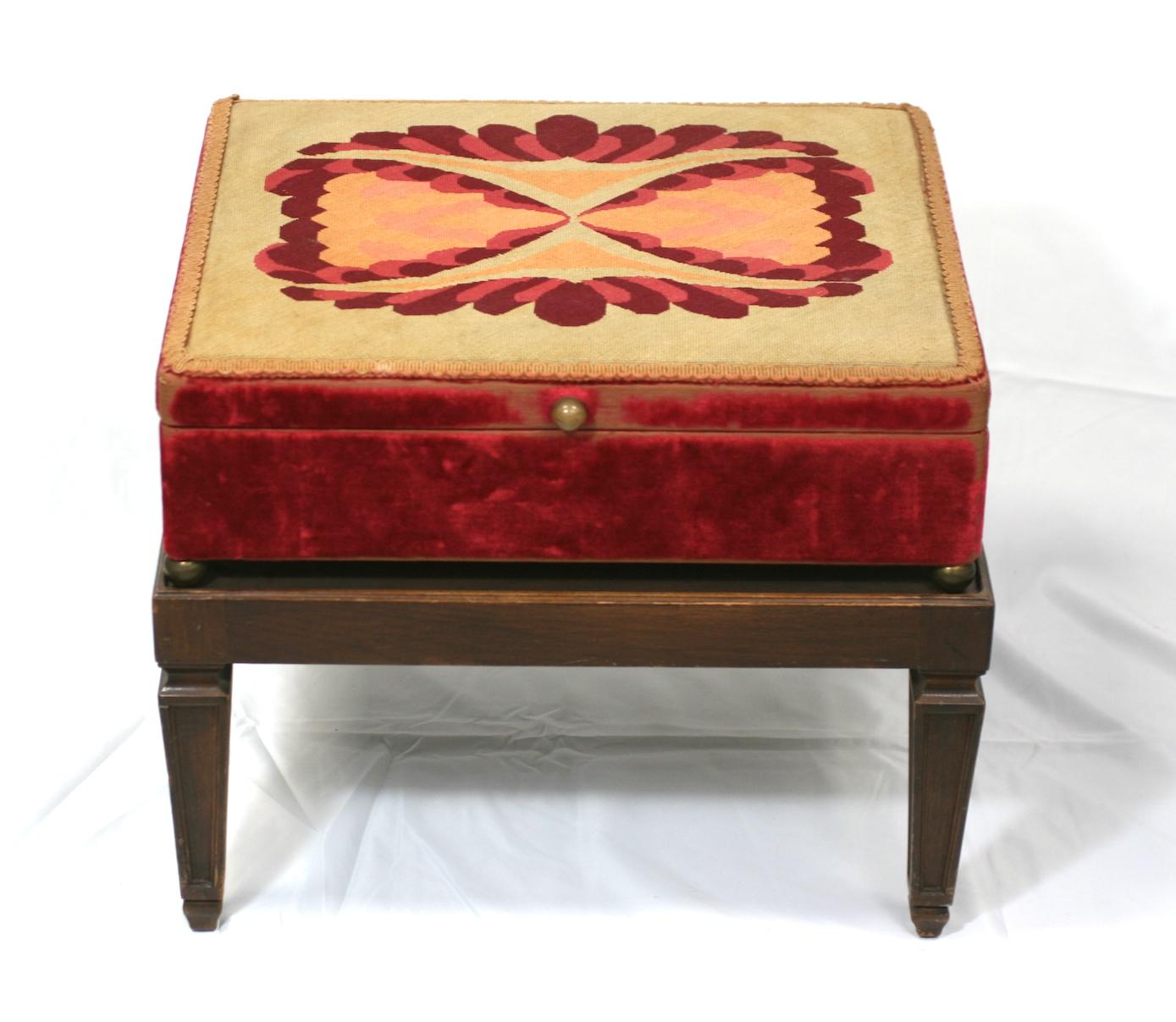 Attractive needlepoint box on stand with burgundy velvet sides which comes from a Dorothy Draper designed interior in Purchase NY. Box is lined in cream brocade and velvet is nicely weathered. Brass ball feet and finial on box.
Decorative accent